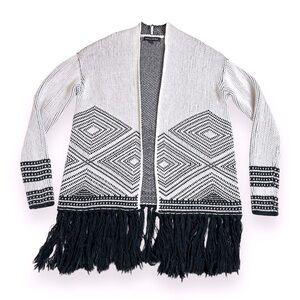 -Banana Republic geometric knit black+white fringe cardigan